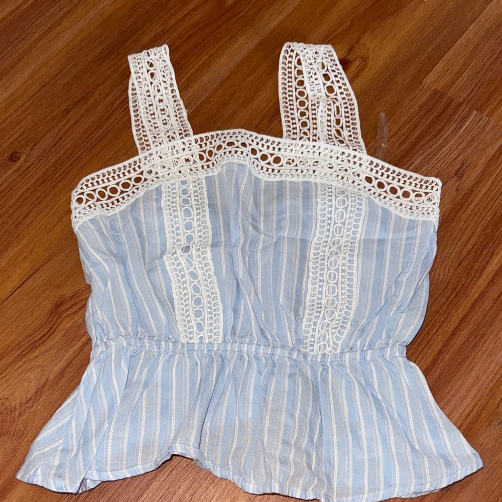 Blue and White Lace Trimmed Women's Top